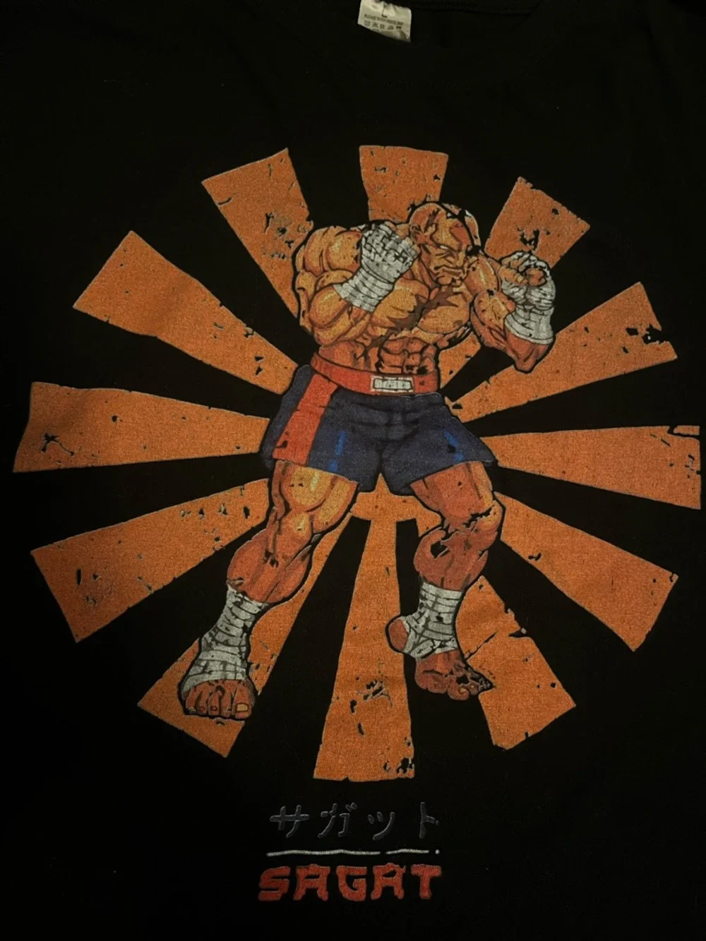 Sagat Graphic Tee - Black with Orange & Blue Print Street Fighter Shirt - Picture 3 of 4